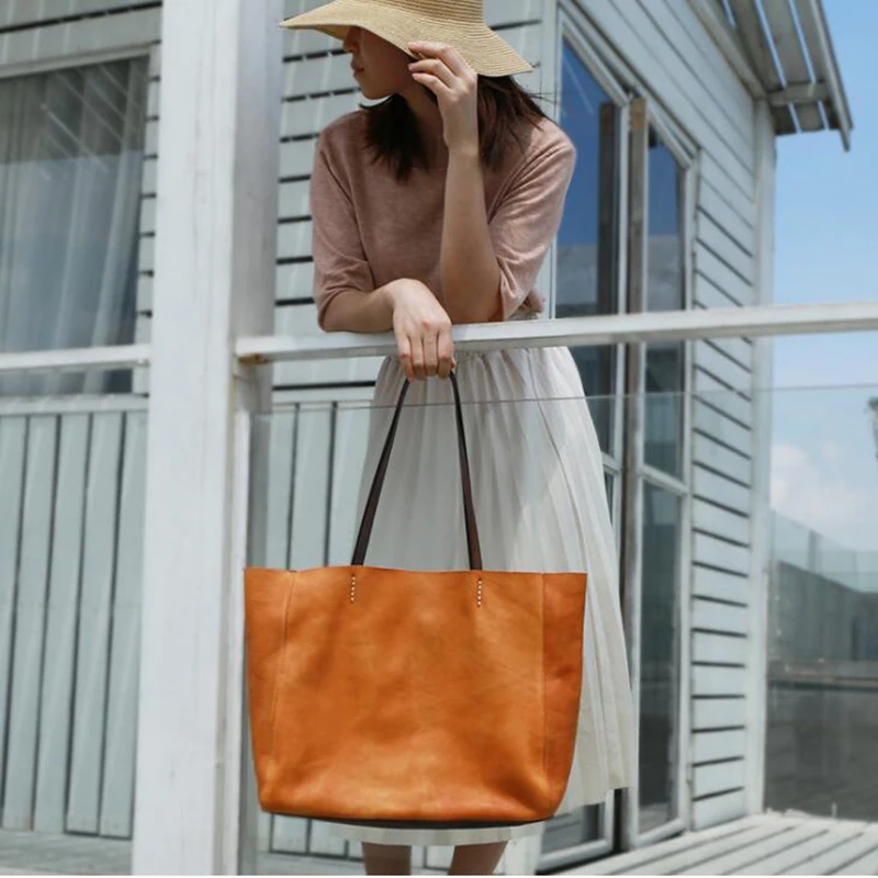 

Super Soft 100% Leather Top-handle Bag Manual Natural Cowhide Women 14" Laptop Bags Vintage Large Shoulder Bag Women Casual Tote