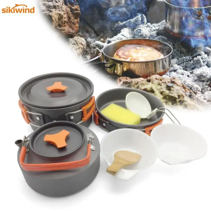 8 unids/set portátil de 2-3 personas utensilios de cocina tazón olla cuchara para acampar al aire libre senderismo mochila de viaje de vajilla Picnic Accesorios