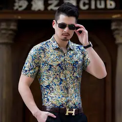 Новый бренд золото бархат рубашка мужские короткий рукав с цветочным принтом Мужская одежда рубашки CHEMISE Homme MARQUE причудливый цветок Camisa Hombre
