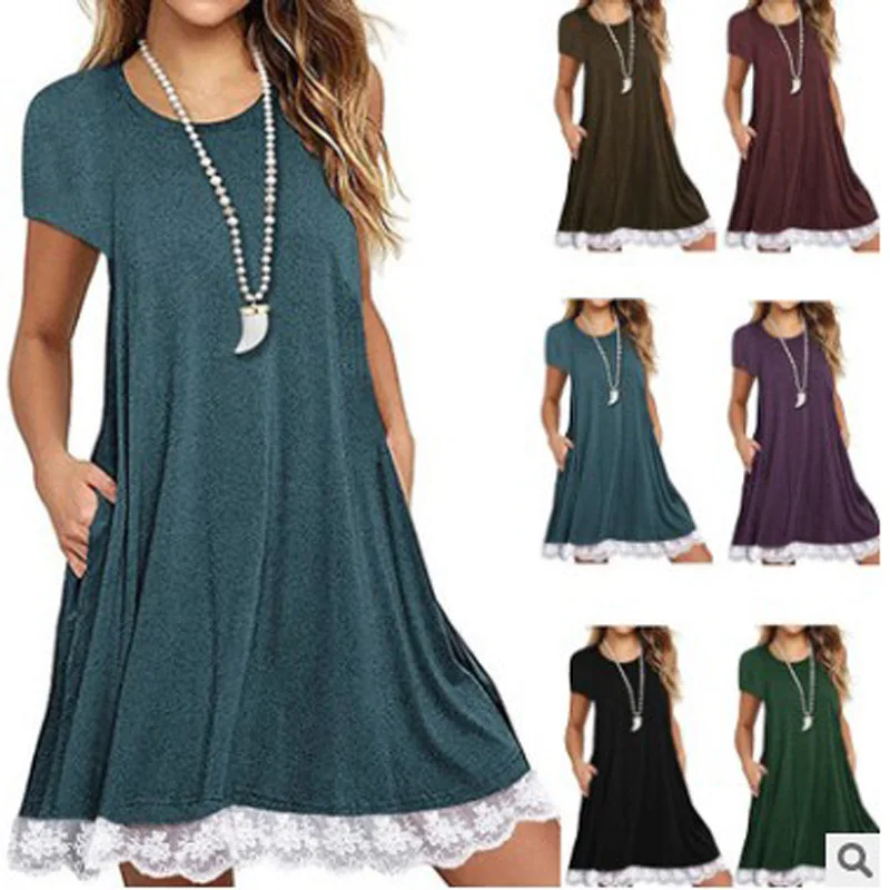 

Lugentolo Women's Dress Summer New Lace Stitching Round Neck Short Sleeve Loose Large Size Solid Color