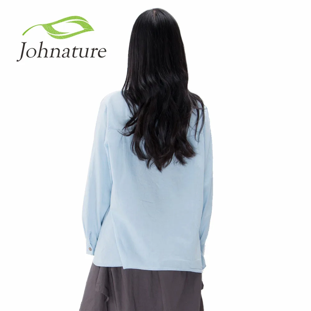 Johnature, новинка весны, женская рубашка с косым косой пуговицей, необычная, полный рукав, вымытый синий карман, Свободный Повседневный Топ, женская блузка