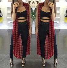 2015 Hot New Women Sexy Loose Fit Tartan Plaid Side Split Long Shirt Check Beach Maxi Blouse