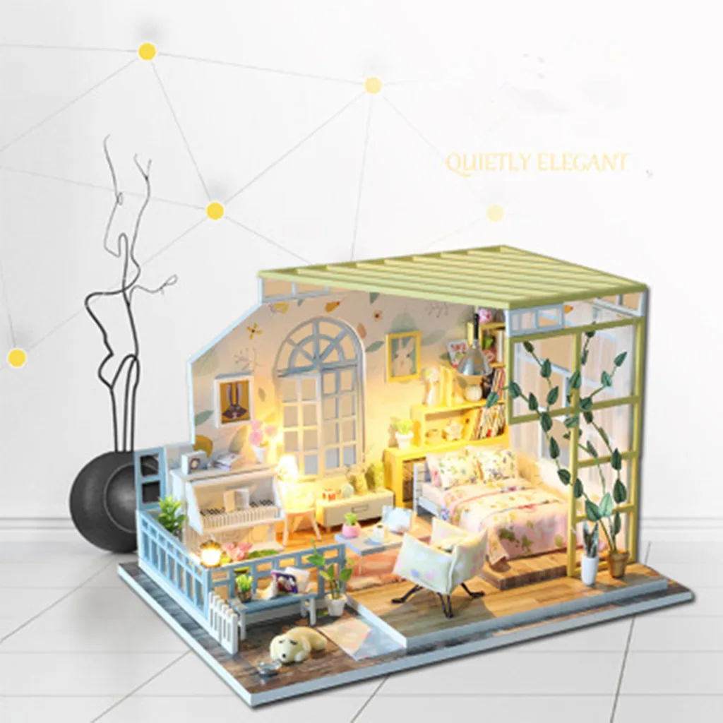 Деревянный Кукольный дом игрушка мебель DIY светодиодный светильник ручной работы кукольный домик пылезащитный чехол 3D миниатюрный кролик комнатные игрушки для детей подарок k319