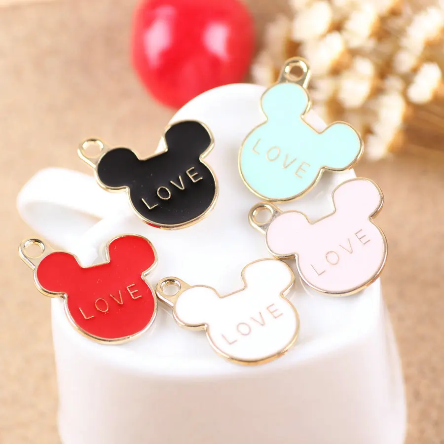 

Free Shipping Mix 50pcs 25*22mm Cartoon Mouse Head Shape With Love Printed Drop Oil Jewelry Bracelet Alloy Metal Diy Charms