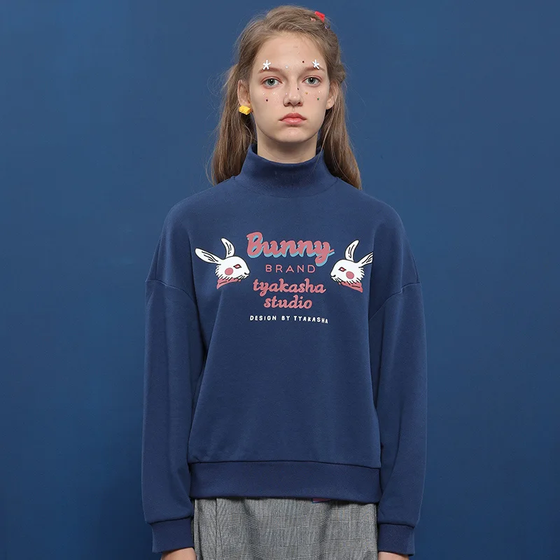 

Sweet Bunny Letters Printed Female Sweatshirts Stand Collar Women Cotton Pullover Tops Blue Autumn New Casual Tops 2017