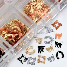 Смешанные 3 цвета 4 формы Хэллоуин кошка SPID Веб Металлические Блестки Дизайн ногтей Стразы украшения DIY салон Совет