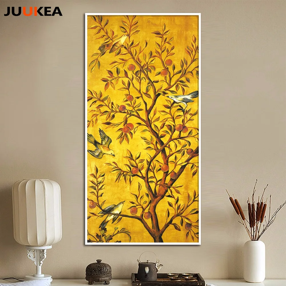 

3Pcs Natural Scenery Canvas Waterproof Ink Print Painting, Gold Tree And Lark Birds Wall Pictures For Living Room, Home Decor
