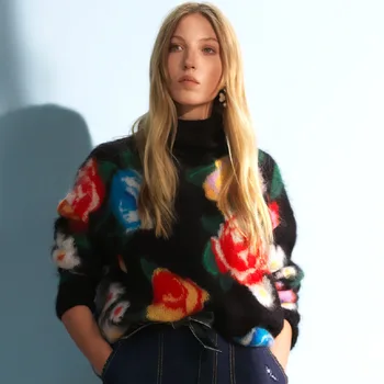 

undertakes woolen rose flower turtleneck sweater women Korean style pull fem me 2019 Autumn winter knitwear pull over plus size