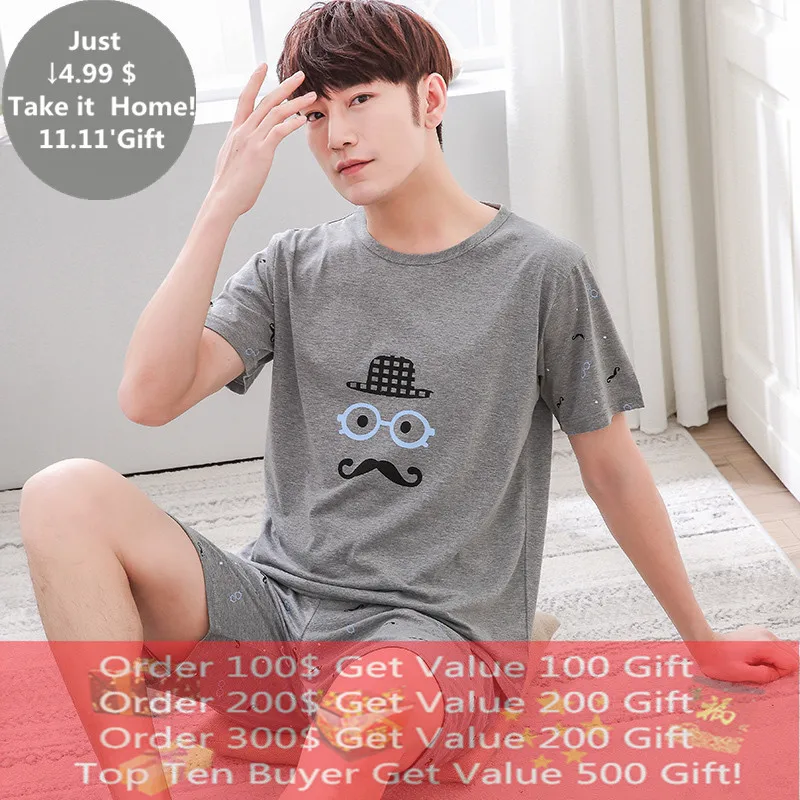 Summer Men Pyjamas Short Sleeve Cotton Cartoon Pajamas Set Casual Sleepwear Pyjamas Night Suits Pijamas Plus Size XXXXL Homewear