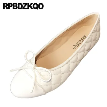 

Runway Plaid Slip On Nude Bow Ballerina Round Toe Ballet Women Flats Shoes With Little Cute Bowtie Designer High Quality White