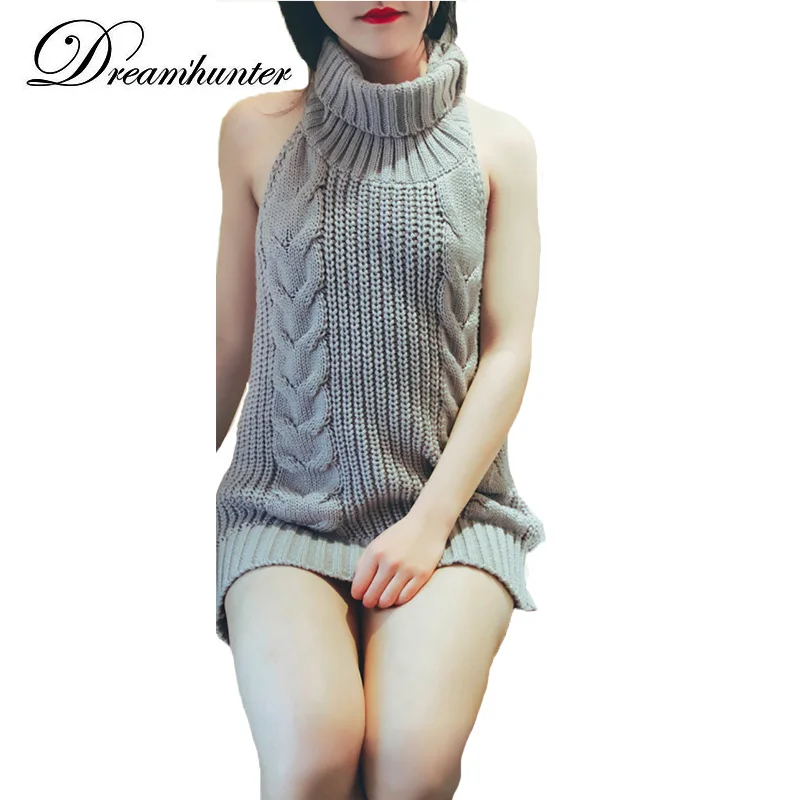Sexy Backless Strapless turtleneck sleeveless sweater Pullover Japan Knitted Bow Tie Long Sweater Virgin Killer girl group cos