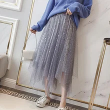 Heyezui модное платье с блестками и бархата тюлевые женские юбки осень Высокая талия со складками средней длины юбки женский Асимметричная пачка юбки