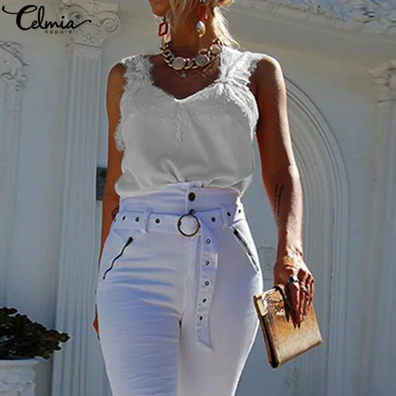 

Celmia Elegant White Lace Tops Women Sleeveless Camis Tops Sexy Summer Styke Tank Tops Female Shirts Camisole Plus Size Blusas