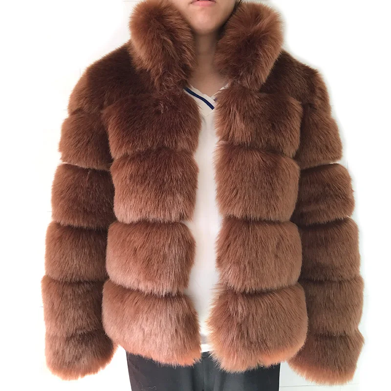 Зимнее плотное теплое пальто из искусственного меха, стоячий воротник, Женская куртка с длинным рукавом из искусственного меха, роскошное зимнее меховое пальто черного цвета LJLS118 - Цвет: brown