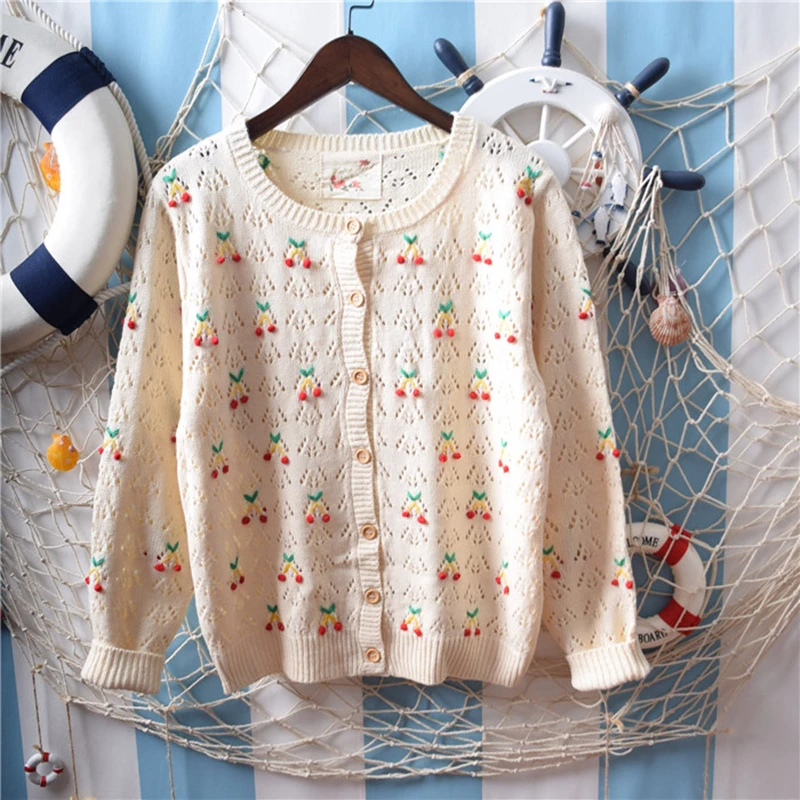 

Strawberry Embroidered Kawaii Cute Women Spring & Autumn Short Knitted Cardigan Sweater to the Waist