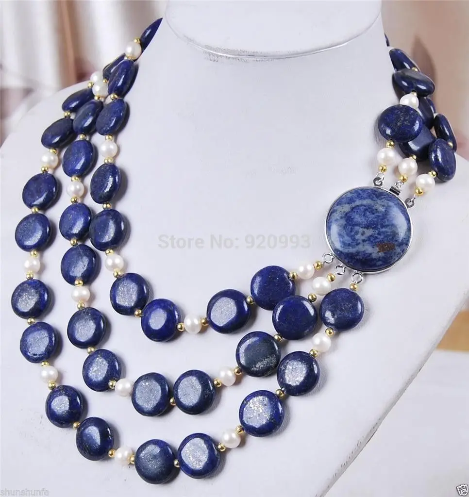 

Wholesale&FREE P&P***3Rows White Pearl Natural 10mm Coin Lapis Lazuli Jewelry Necklace 18 --20