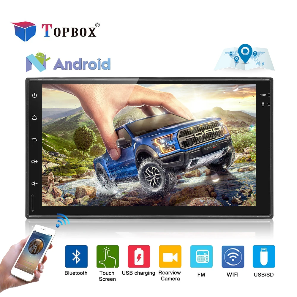 

Topbox Android 8.0 2din Car Radio Player GPS Navigation Universal WiFi Bluetooth 7'' Touch Screen HD Radio Stereo Backup Camera