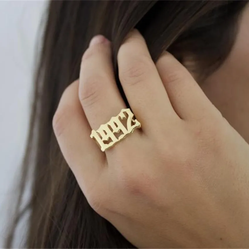 

Handmade Jewelry Personalized Birthday Number Special Year Rings Women Custom Old English Name Ring Stainless Steel Date Anillos
