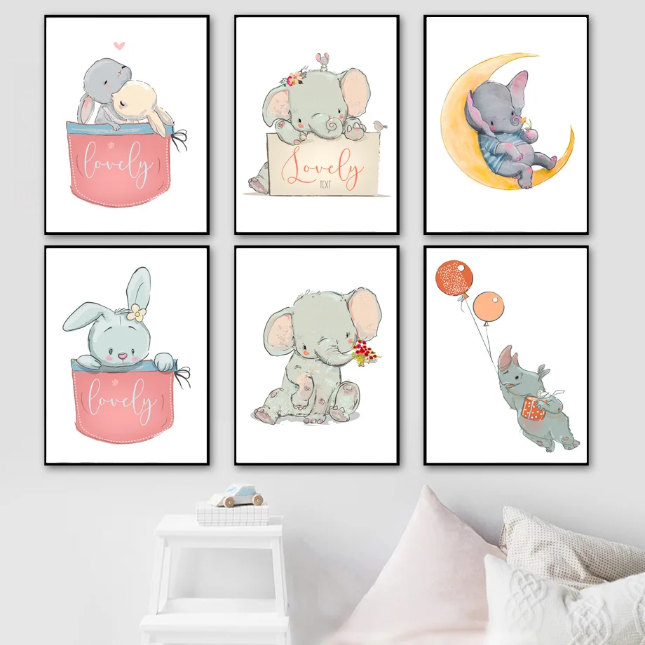 

Cartoon Cute Elephant Rabbit Rhinoceros Nursery Wall Art Canvas Painting Nordic Posters And Prints Wall Pictures Kids Room Decor