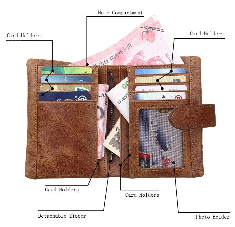 Genuine Crazy Horse Leather Wallet Men RFID Protection Removable Coin Purse Male Patchwork Designer Credit Card Wallet carteira