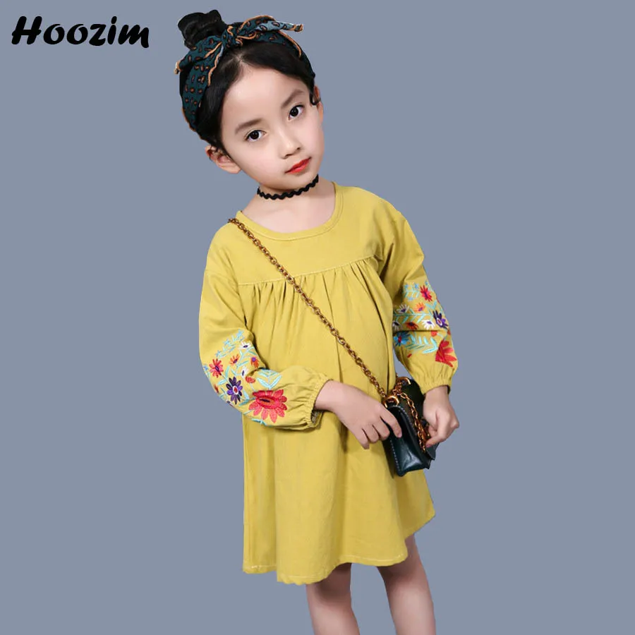 

Girls Dress Long Sleeve Casual Children Clothing Spring Embroidery Floral Elegant Dresses For Girls Cute Yellow Children Dresses