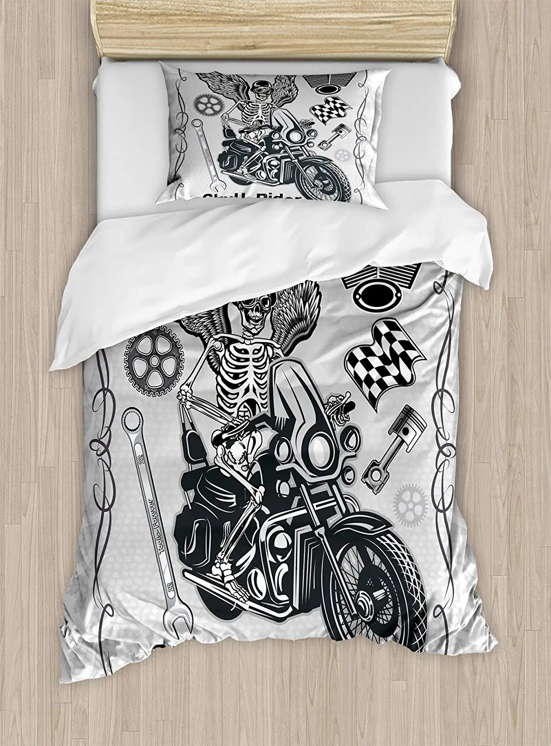 

Motorcycle Duvet Cover Set Twin Size Evil Hipster Dead Skull Skeleton Motorbike Rider Wings Drive Bedding Set