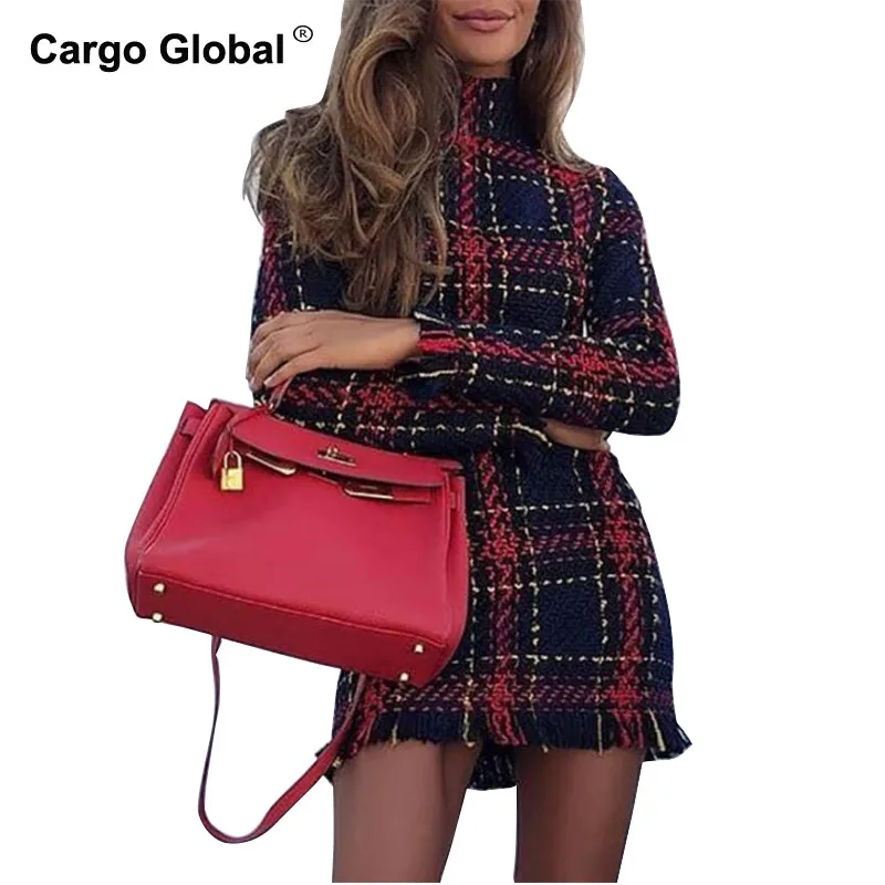 

2018 Winter New Fashion Thicken Warm Dress Black Red Plaid Striped Woolen Casual Silm Mini Dresses