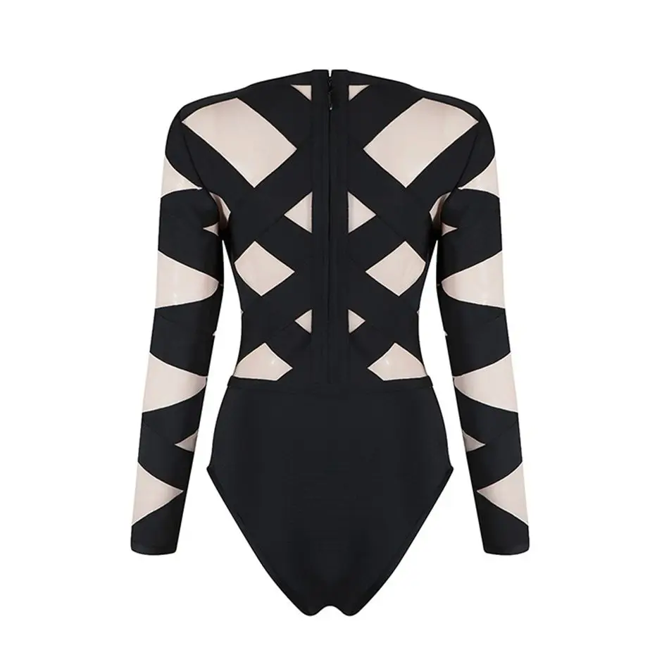2018 New Spring Rompers Bandage Jumpsuit Black Apricot Patchwork Long Sleeve O-Neck Celebrity Party Sexy Bodycon Bodysuit Women 2018 New Spring Rompers Bandage Jumpsuit Black Apricot Patchwork Long Sleeve O-Neck Celebrity Party Sexy Bodycon Bodysuit Women