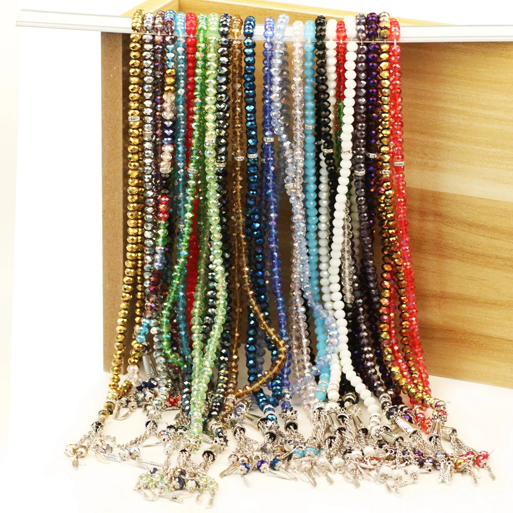

ZHUBI Prayer Rosary Muslim Bracelets 1lot (99pcs beads) 6MM Crystal Glass Round Beads Bracelets With Spacer Metal Rhinrstones