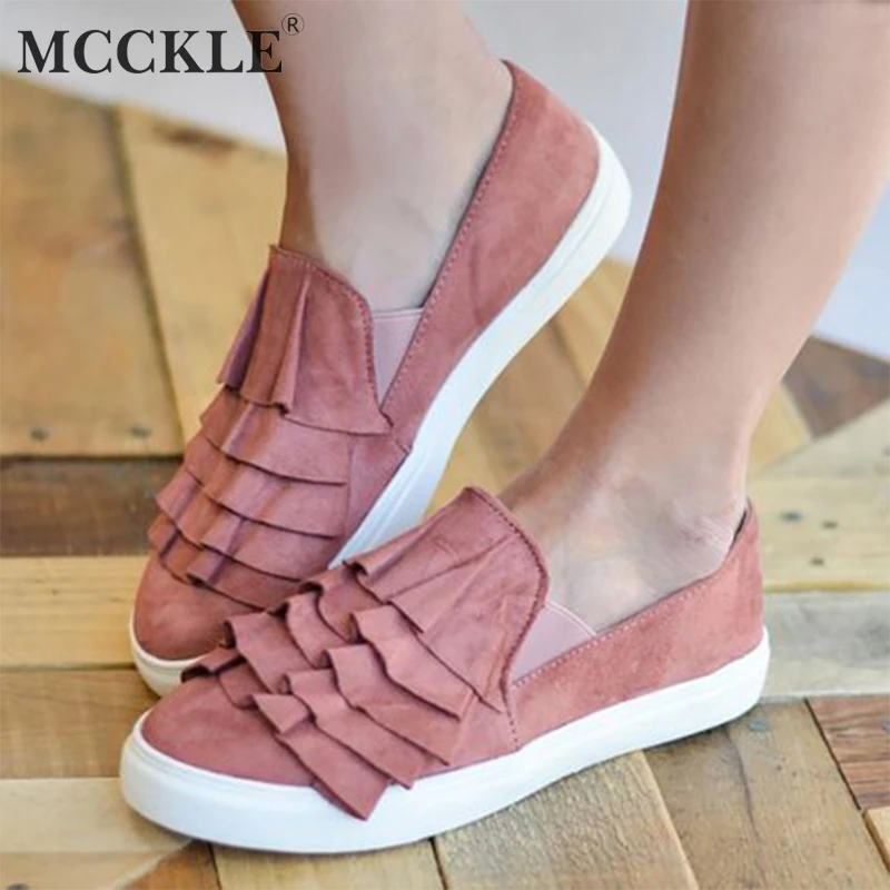 

MCCKLE Women Plus Size Vulcanized Shoes Platform Ruffle Flats Casual Female Sneakers Elastic Band Slip On Flock Ladies Footwear