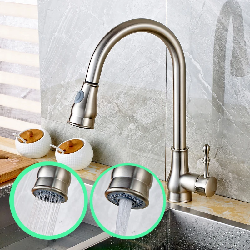 

Wholesale and Retail Nickel Brushed Swivel Spout Kitchen Sink Faucet Pull Out Mixer Tap Single Handle