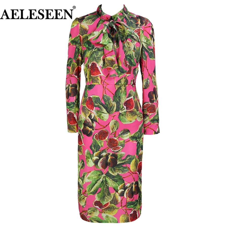 AELESEEN Runway Work Dresses Women Fashion 2018 Full Sleeve Figs Leaf Print Bow Knee Length