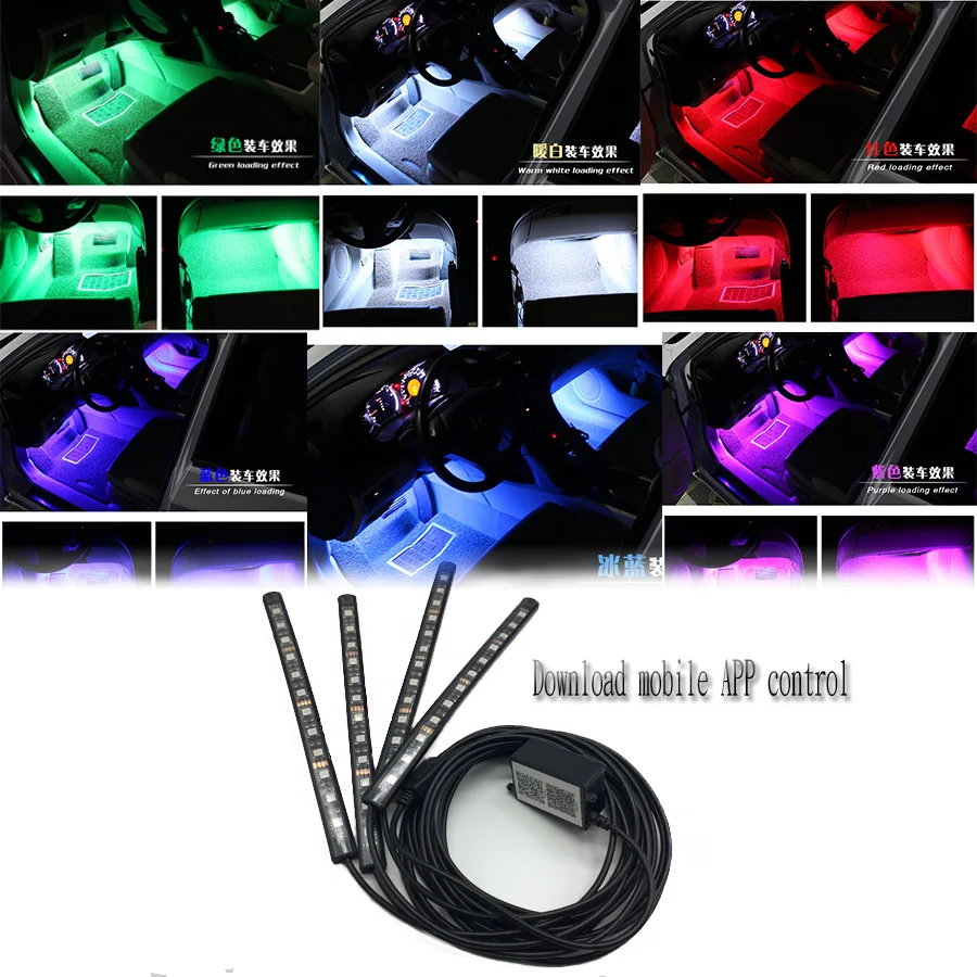 

1 in 4 Car RGB LED Strip Light Music Control LED Strip lights 7 Colors Car Styling Atmosphere Lamps Car Interior Light With App