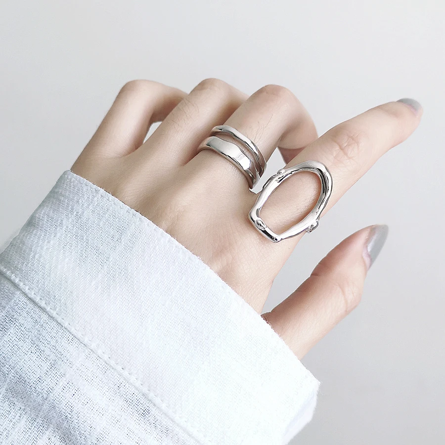 

S925 Sterling Silver index finger ring lady glossy double layer open back exaggerated personality ring open finger ring Korean j