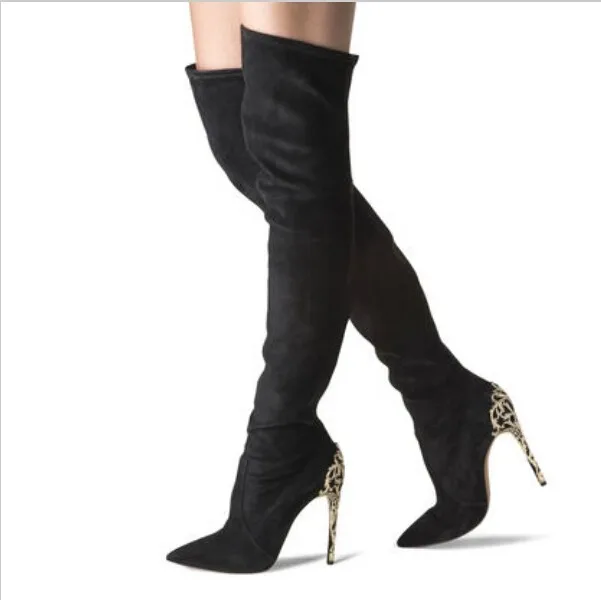 Real Photo Hot Selling Pointed Toe Black Red Suede Leather Gold-tone Baroque Decoration Heel Over The Knee Boots High Heel Pump Women's Shoes