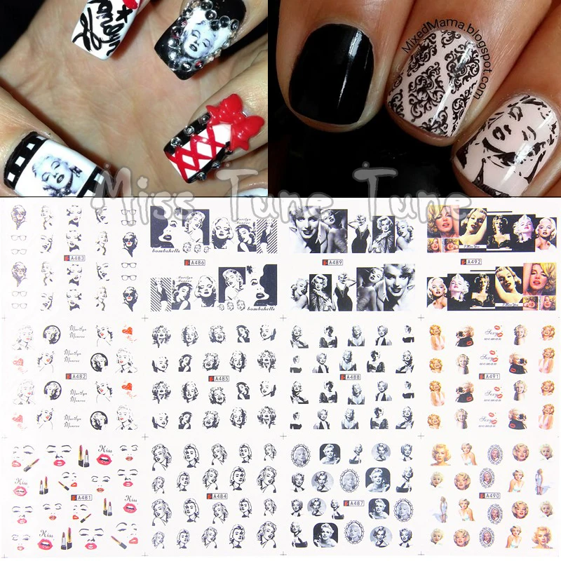 

1pcs 12 Sheets/Lot Large Nail Art Water Transfer Water Decal Stickers Tips Sexy Famous Star Marilyn Monroe Costume Party Nails