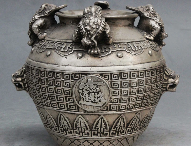 

Marked Chinese Silver Wealth Lion Head Golden Toad Spittor Pot Jar Crock Statue