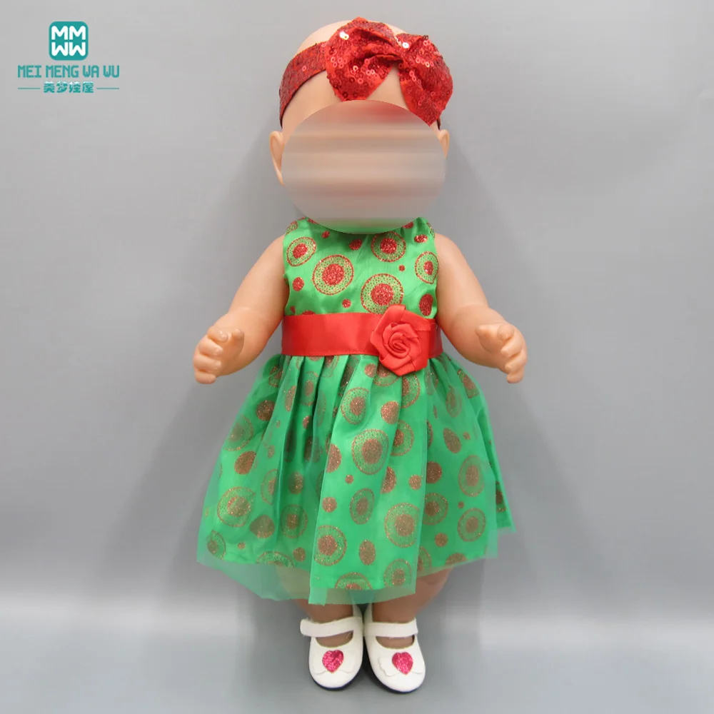 

Clothes for dolls fits 43cm new born doll accessories fashion green Christmas dress + baby hair band