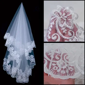 Beads White Bridal Veils High Quality Short Wedding Veils Wedding Accessories Floor Lace Wedding Veil velos de novia