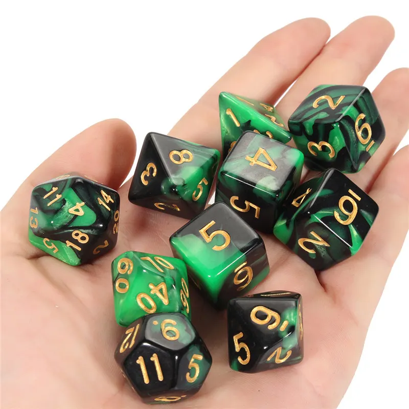 

10pcs/lot Luminous Green Dice Set with Free Pouches D&D d4,d6,d8,d10,d12,d20 Polyhedral Dice RPG Game Dices Board Games