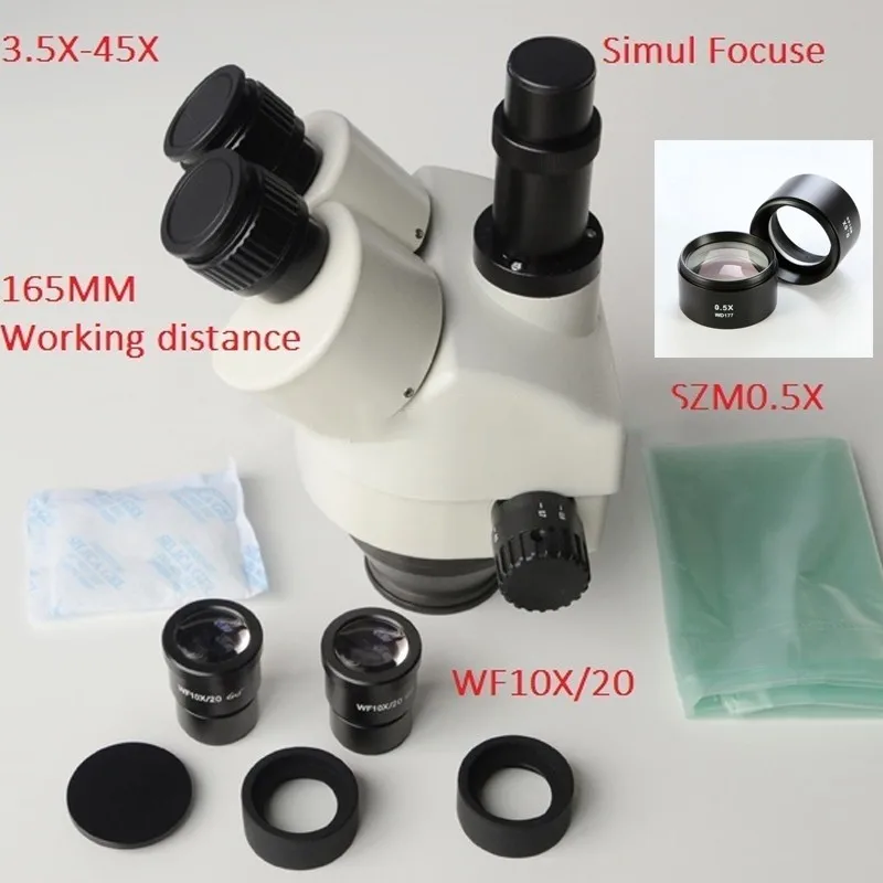 Lucky Zoom Brand 3.5X-45X Simul-Focal Trinocular Zoom Stereo Microscope Head WF10X/20 SZM0.5X WD165mm Microscope Accessories