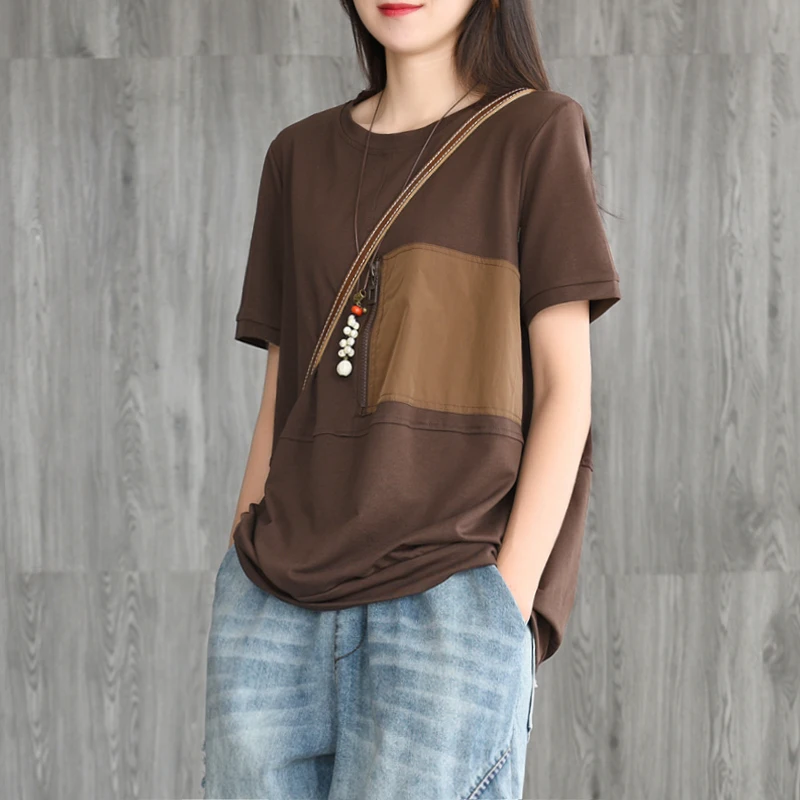 

Summer T-shirt Fashion Loose Women Casual Pullovers New Tops O-Neck Short Sleeve pocket Zipper Mori girl Cute T-shirt 2019