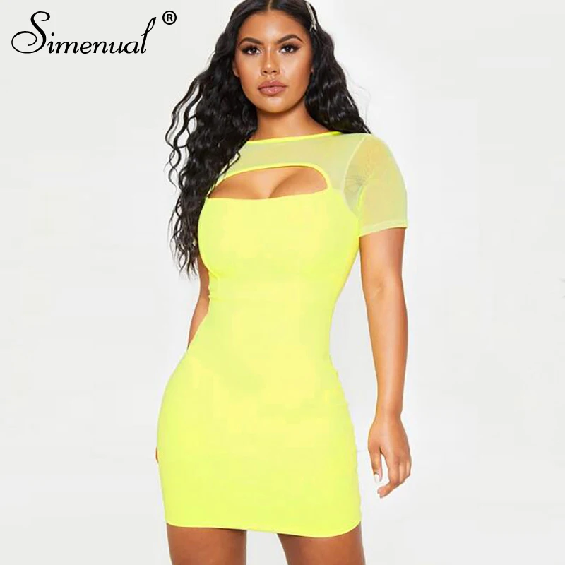 

Simenual Mesh Patchwork Bodycon Dress Women Short Sleeve Summer Dresses Solid Cut Out Fashion 2019 Sexy Dress Party Clubwear New
