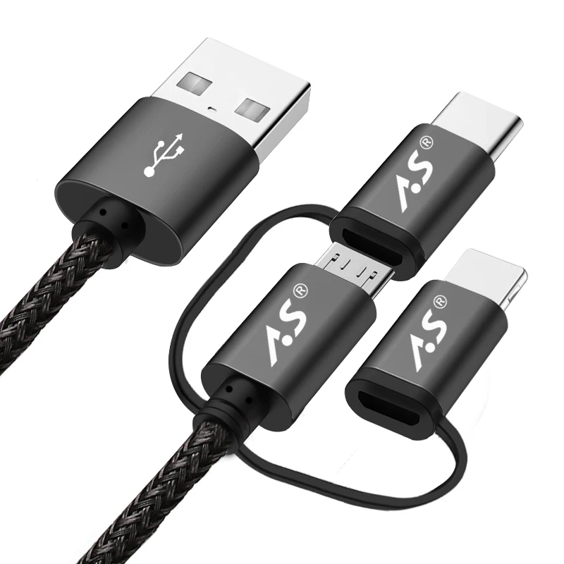 Usb-кабель A.S для iPhone X, 8, 7, 6, 5, зарядное устройство, 3 в 1, Micro USB type-C, кабели для мобильных телефонов samsung, huawei, Xiaomi, быстрая зарядка - Тип штекера: Black