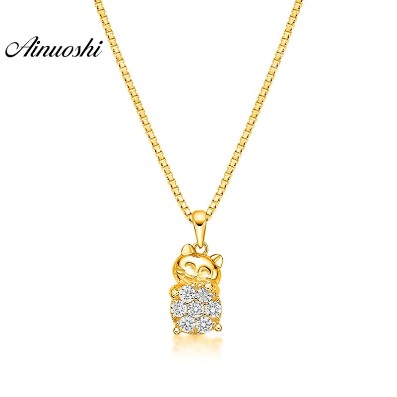 

AINUOSHI 10K Solid Yellow Gold Pendant Lucky Cat Pendant SONA Diamond Women Men Child Jewelry Cute Animal 1.7g Separate Pendant