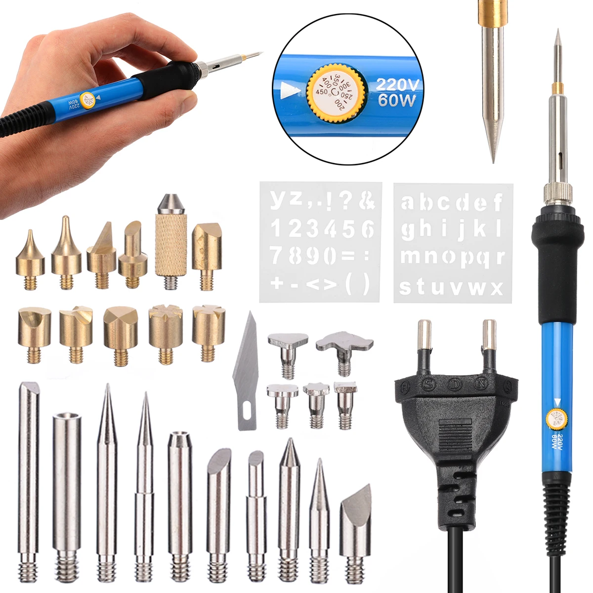 28pcs 60W Wood Burning Pen Soldering Tool Craft Tool Set Pyrography Kit Tips For Wood Carving Burning Soldering Tips EU plug