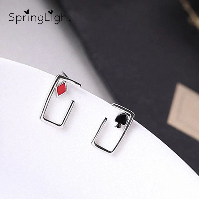 

SpringLight Lucky Poker Earring Real 925 Silver Fine Jewelry Red Rhombus and Black Heart Stud Earrings for Women Party Gift