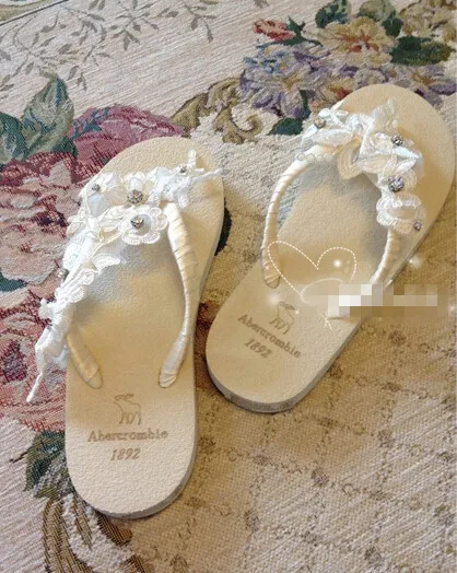 2016handmade Milky Lace Flip Flops Beach Wedding Shoe Bridal Shoes