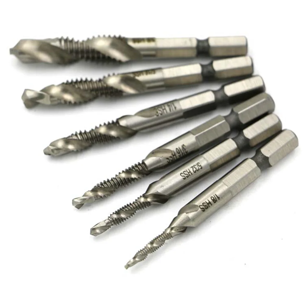 

6Pcs High Speed Steel Thread Spiral Screw Drill 1/4 Hex Shank HSS Metric Composite Taps Chamfering Drill Bit Set