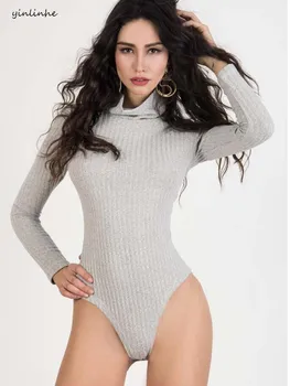 

yinlinhe White Knitted Bodysuit Women Open Crotch Sexy Turtleneck Overalls For Women Long Sleeve Winter Slim bodycon rompers 176